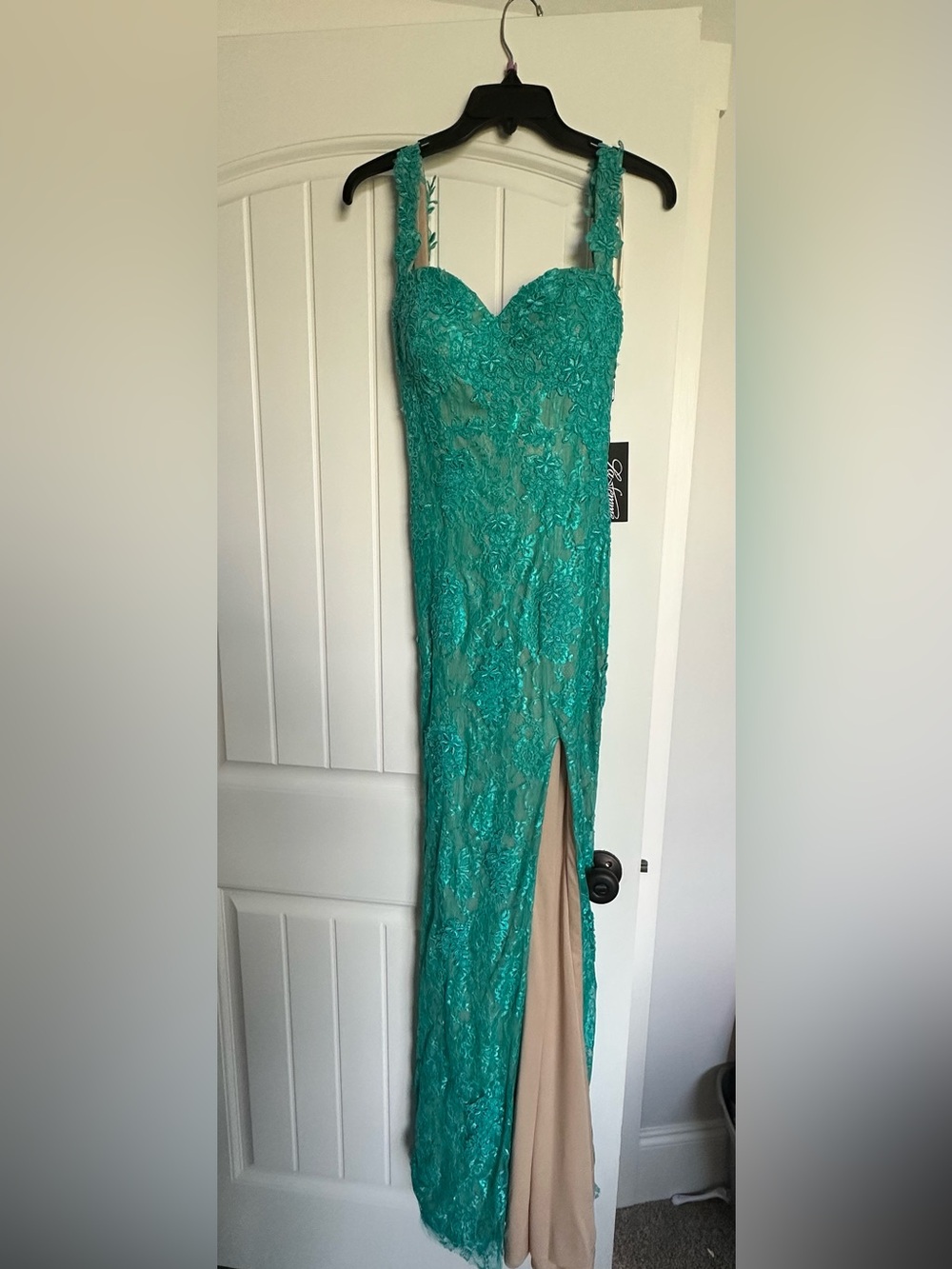 La Femme Teal Lace Maxi Dress with Side Slit